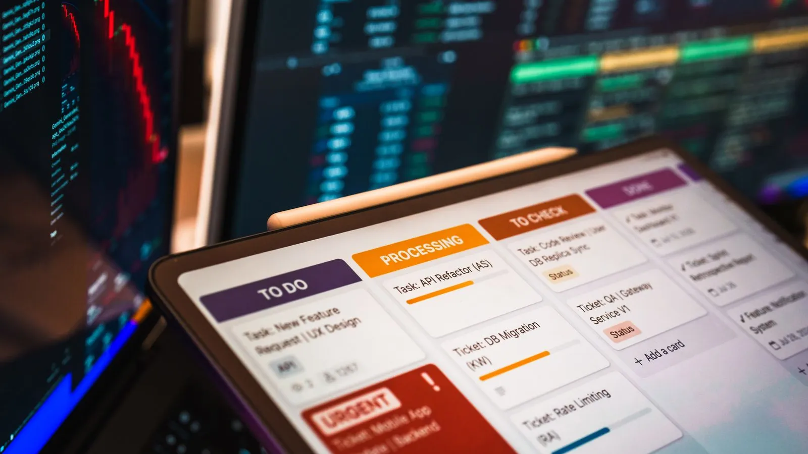 Tablet showing a task board with to-do, processing, to-check and done columns in front of monitors with charts