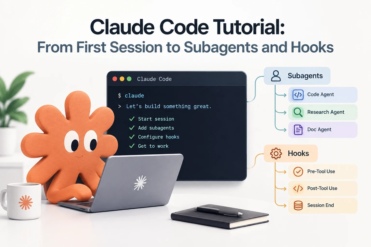 Illustration: a terminal window running Claude Code next to a diagram of subagents (code, research, doc) and hooks (pre-tool-use, post-tool-use, session-end)