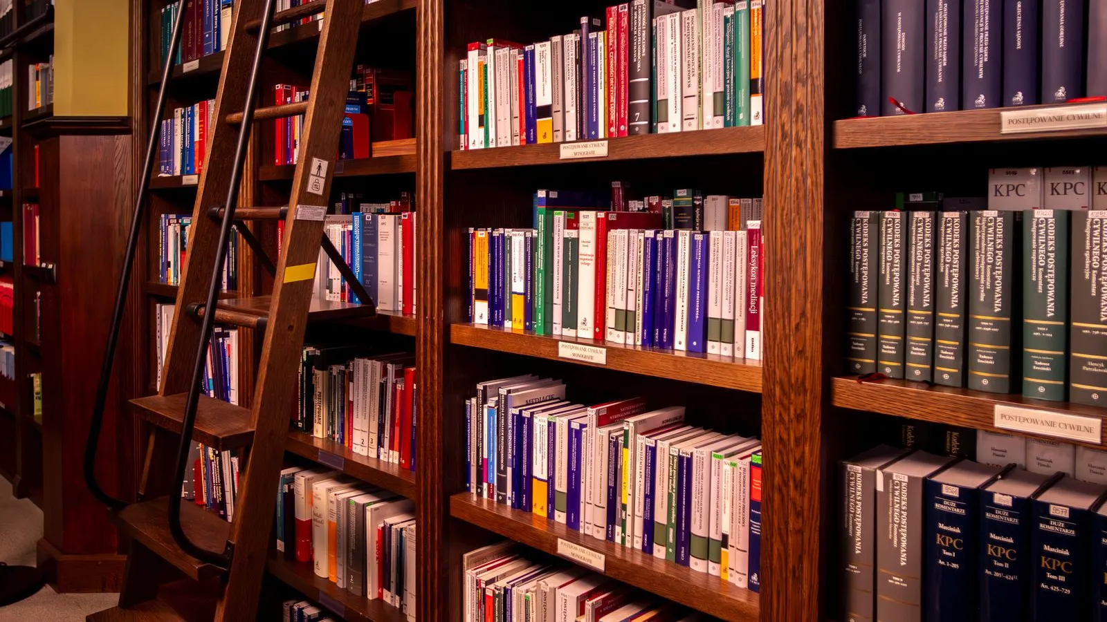 Shelves of law books with a wooden library ladder