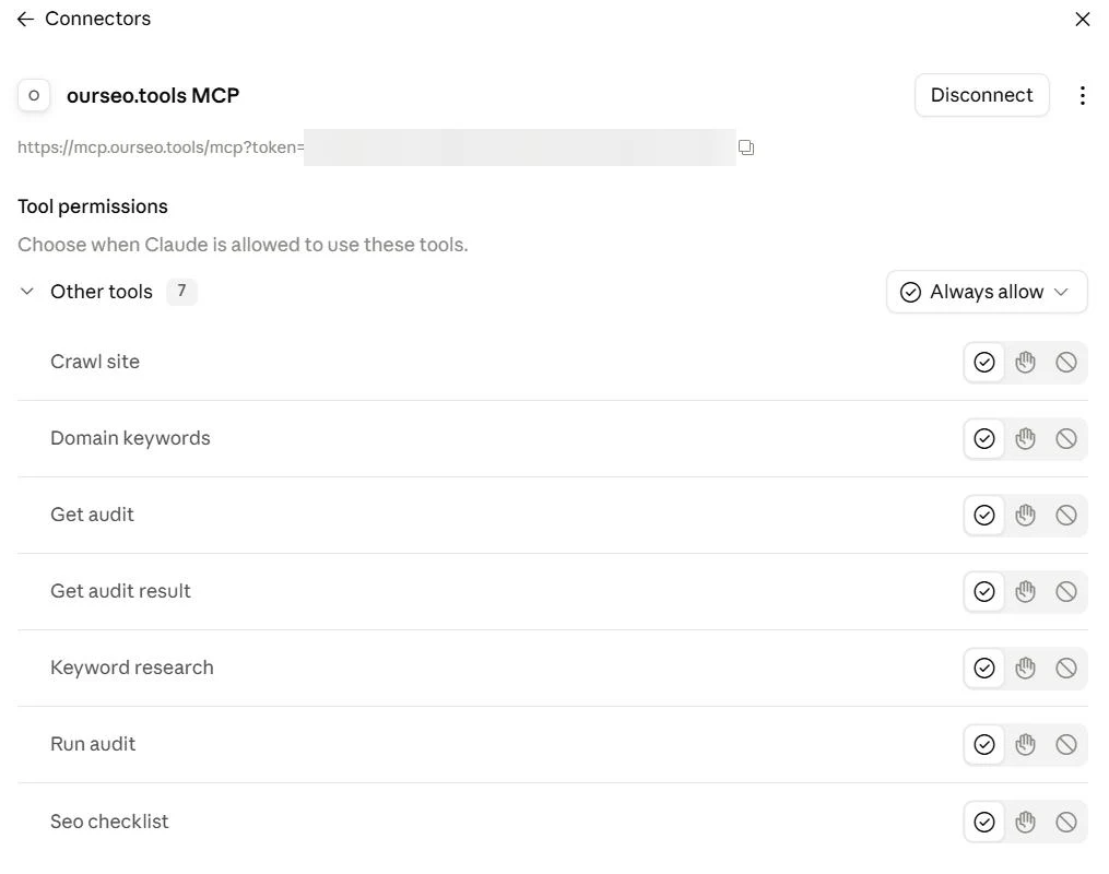 The ourseo.tools MCP connector in Claude Desktop settings, listing seven tools with a permission control for each