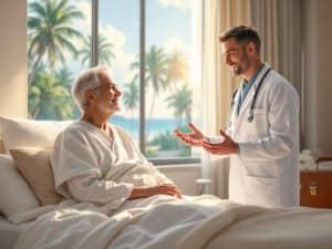 A patient preparing for or recovering from kyphoplasty surgery in a modern hospital abroad, guided by a professional and caring medical team.