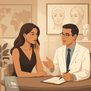 A woman discussing buccal fat extraction with a cosmetic surgeon in a modern aesthetic clinic abroad, in a clean and stylish setting focused on facial contouring.