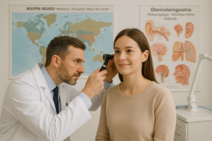 ENT specialist examining a patient’s ear in a modern international clinic, representing affordable and professional mastoidectomy abroad