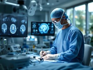 Surgeon performing endoscopic brain surgery in a modern, high-tech operating room with brain imaging on monitors and specialized surgical tools.