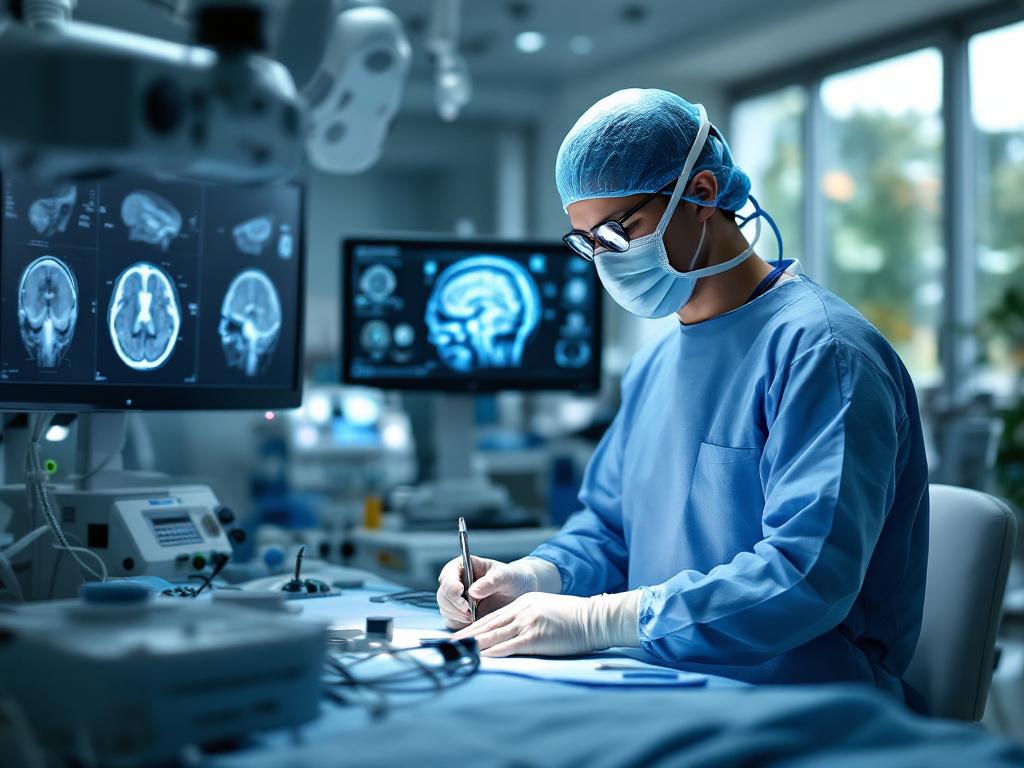 Surgeon performing endoscopic brain surgery in a modern, high-tech operating room with brain imaging on monitors and specialized surgical tools.