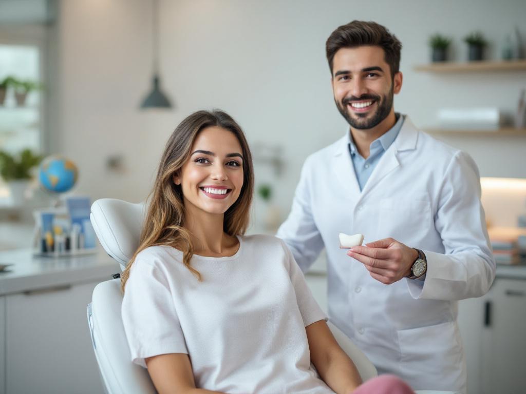 A smiling patient with perfect white teeth in a modern dental clinic abroad, accompanied by a professional dentist, illustrating affordable dental veneers for a dream smile.